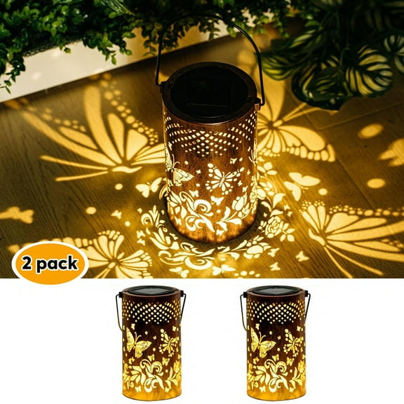 2 Pack Butterfly Solar Lanterns Outdoor Hanging Lantern Lights, Butterfly Hollowed-Out Metal Decor Lantern, Waterproof LED Decorative Garden Light - Delicate Garden Decoration