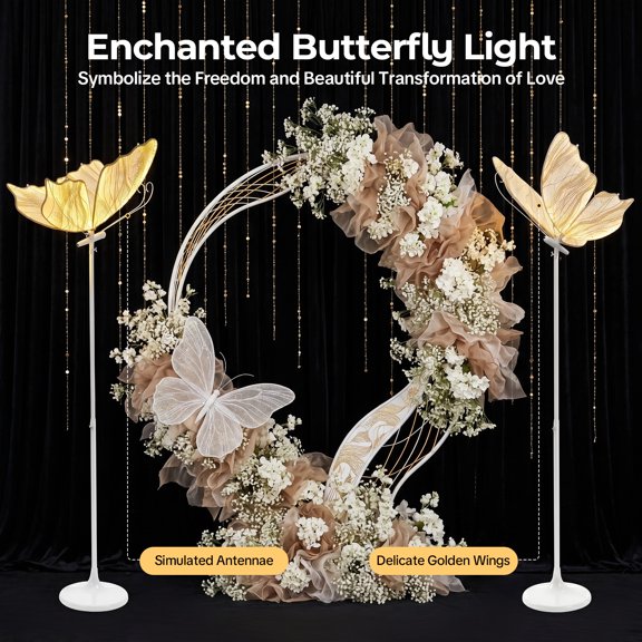 2-Pack Butterfly Wedding Aisle Lights, Romantic LED Decoration with Adjustable Height 57.5-70.1", Dual Mounting (Floor/Ceiling), Creative Hanging Decor for Event, Party (Gold Warm Light)