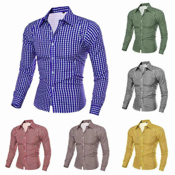 2 Pack Button-Down Shirts for Men with Collared Long Sleeve Tshirts Shirt Mens Trendy Plaid Printed Stretchy Slim Breathable Lapel Going-Out Work Tops