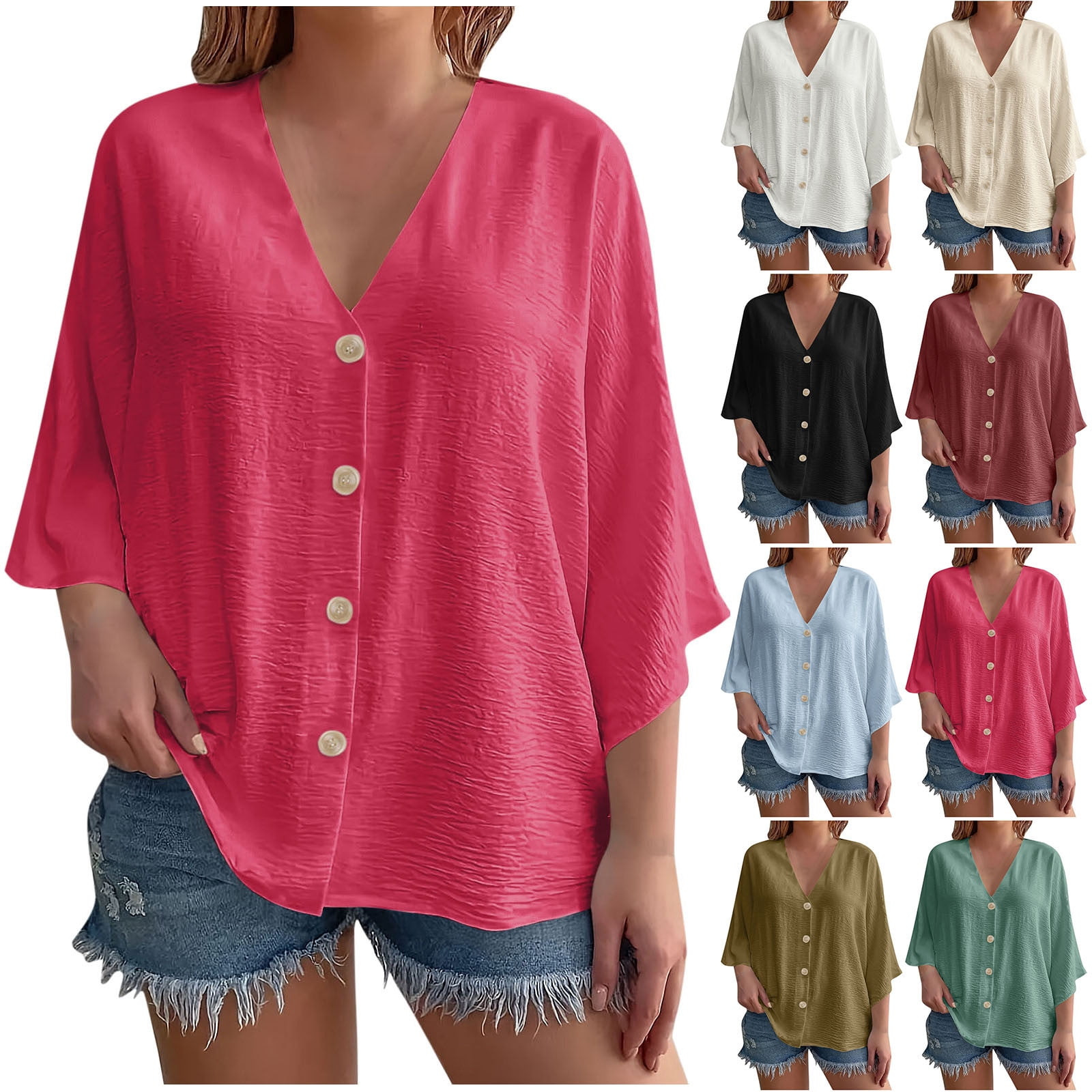 2 Pack Button-Down Shirts for Women Plus Size L-4X Lightweight 3/4 Sleeve Blouses Tops Womens Casual Solid Color Loose V Neck Beach Cover Ups Tees Top