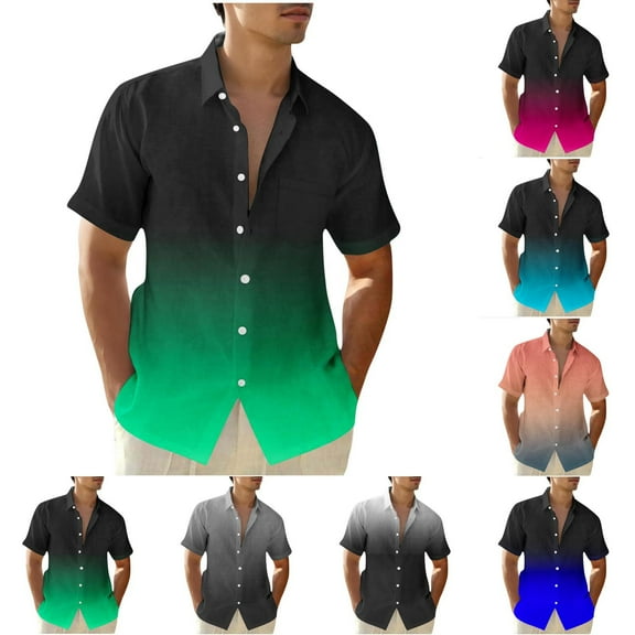 2 Pack Button Up Shirts for Men S-5X Big & Tall Lightweight Short Sleeve Tshirts Shirt Plus Size Gradient Casual Collar Beach Tees Tops with Pocket