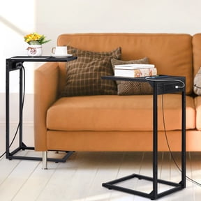 2-Pack C-Shaped End Tables with Charging Station – Sofa Side Table with 2 USB Ports & 2 Outlets, Snack Table for Couch, Bed, Living Room, Bedroom,Black