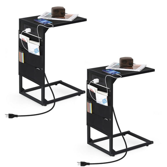 2-Pack C-Shaped End Tables with Charging Station & Storage – Couch Side Table with 2 Outlets & 3 USB Ports, Slide-Under TV Tray Table for Living Room, Bedroom,Black
