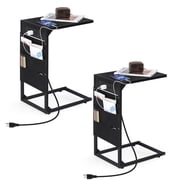 2-Pack C-Shaped End Tables with Charging Station & Storage   Couch Side Table with 2 Outlets & 3 USB Ports, Slide-Under TV Tray Table for Living Room, Bedroom,Black
