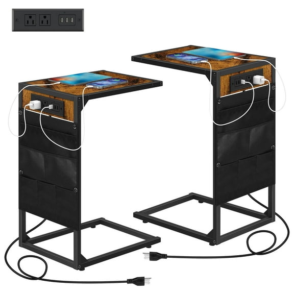 2-Pack C-Shaped End Tables with Charging Station & Storage – Couch Side Table with 2 Outlets & 3 USB Ports, Slide-Under TV Tray Table for Living Room, Bedroom,Brown