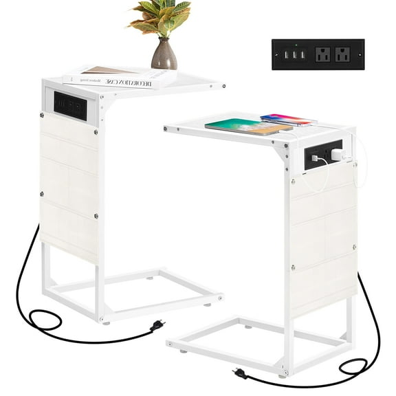2-Pack C-Shaped End Tables with Charging Station & Storage – Couch Side Table with 2 Outlets & 3 USB Ports, Slide-Under TV Tray Table for Living Room, Bedroom,White