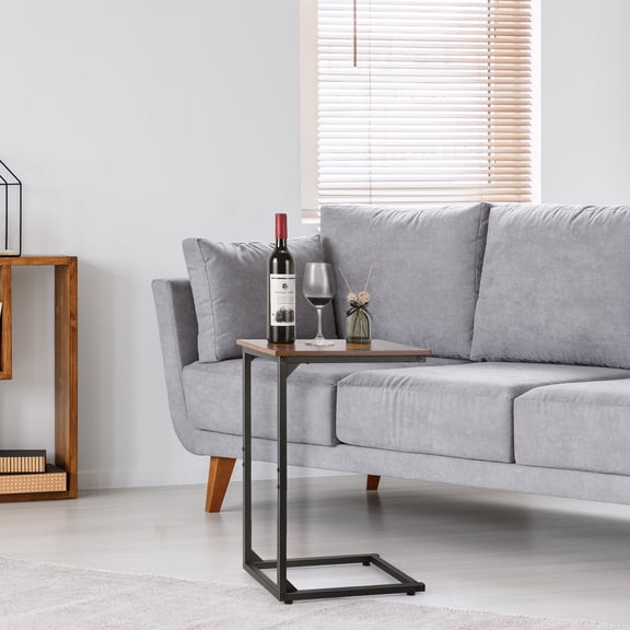 2‑Pack C‑Shaped Side Table, Rustic Brown End Table with Industrial Metal Frame for Sofa & Bedside