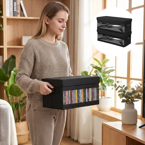 2 Pack CD Storage Box with Window and Handle Foldable CD Organizer Box with Lid 36x16x14.5cm Container Black (2 Pack)