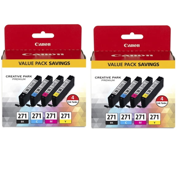 Canon 2 Pack CLI-271 4-Pack Ink Tanks for PIXMA MG, TS Series Printers - Black, Cyan, Magenta, Yellow