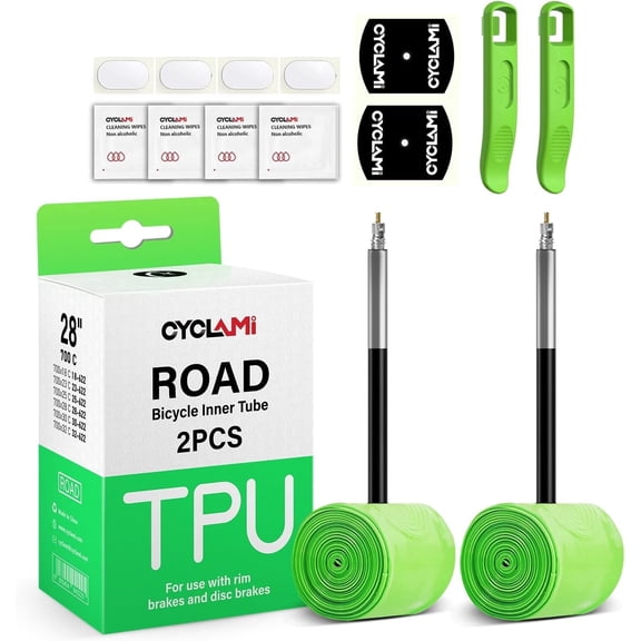 2 Pack CYCLAMI Bike Tire Tube for 700c x 18-32c Road Bike, TPU Bike Inner Tube with 65/85mm Presta Valves, Ultra-Light TPU Inner Tube(Include Patch Repair Kits)
