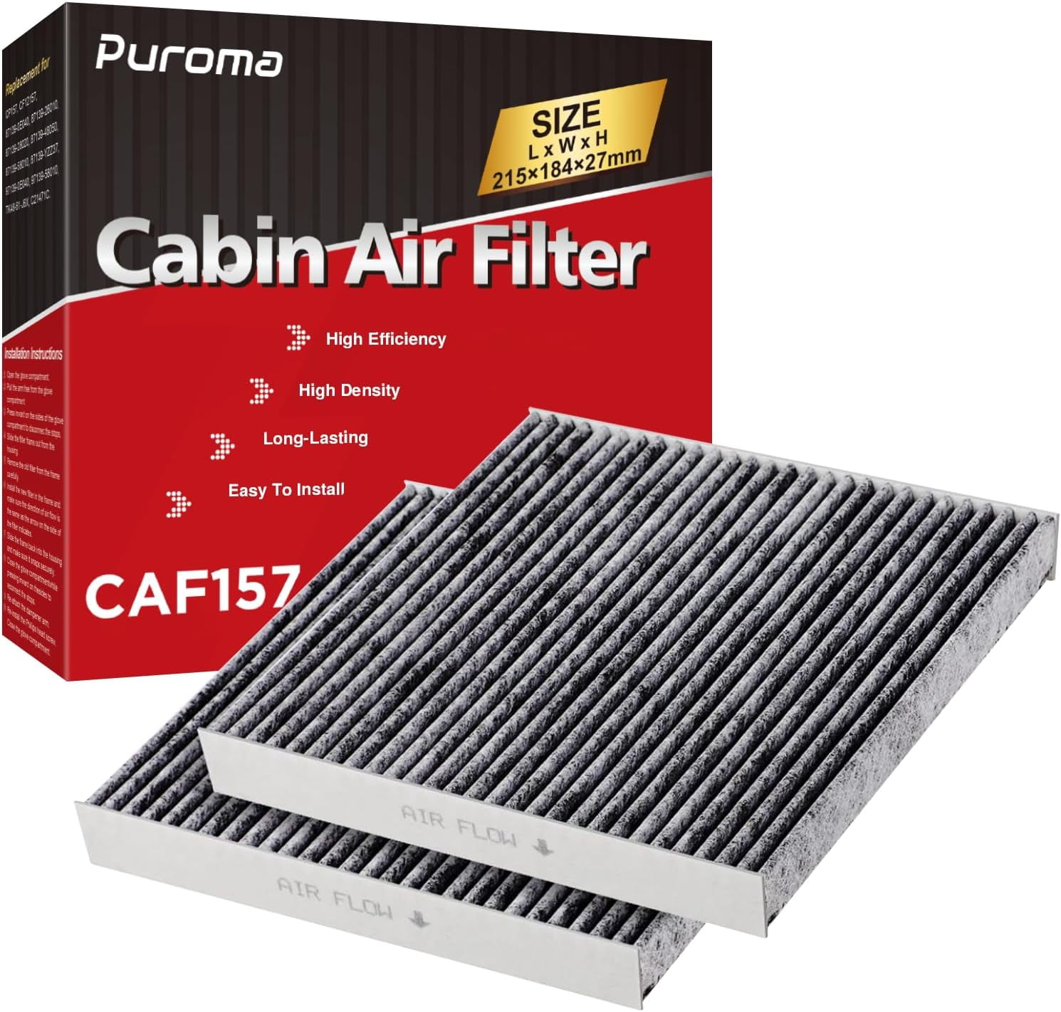 2 Pack Cabin Air Filter with Activated Carbon, Replacement for CP157, CF12157, Select Lexus, Mazda, Subaru and Toyota Avalon, Camry, Corolla, Highlander, Prius, RAV4, Sienna, Venza