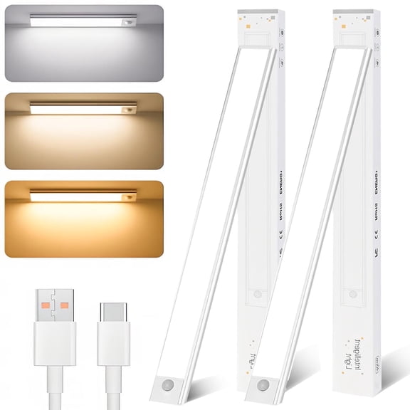 2 Pack Under Cabinet Lights, 15.7" Rechargeable Motion Sensor Light, 3 Lighting Modes Dimmable Wireless Closet Lights with Magnet for Kitchen, Stairs, Hallway- Silver