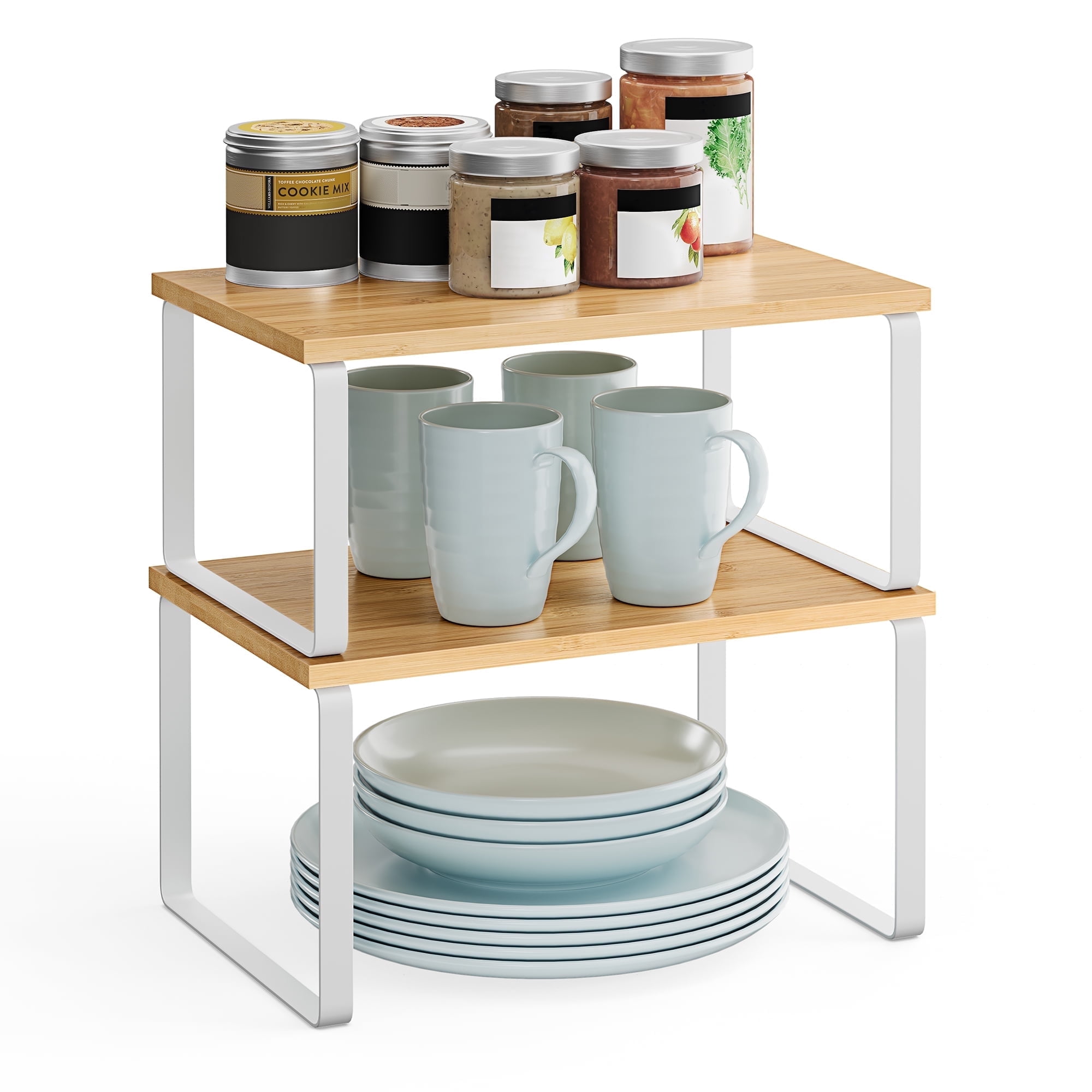 SONGMICS 2 Pack Cabinet Organizer Shelf, Kitchen Counter Shelves, Kitchen Storage, Spice Rack, Stackable, Expandable, Metal and Engineered Wood, Cloud White and Natural Beige