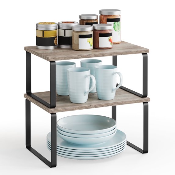 SONGMICS Cabinet Organizer Shelf, Set of 2 Kitchen Counter Shelves, Kitchen Storage, Spice Rack, Stackable, Expandable, Metal and Engineered Wood, Ink Black and Heather Greige