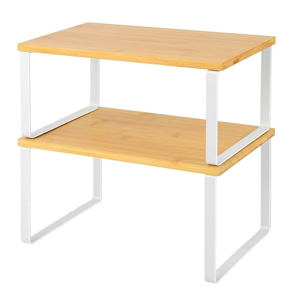 2 Pack Cabinet Shelf Organizer, Kitchen Counter Shelves Spice Racks, Extendable & Stackable Counter Top Organizers Shelves for Kitchen, Cabinet, Table, Bamboo Color