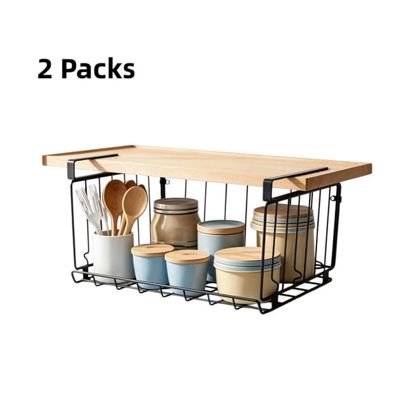 2 Pack Under Cabinet Storage Baskets, No Drilling Hanging Metal Wire Organizer Shelf, Stackable & Foldable Undershelf Storage Basket for Kitchen Pantry, Bathroom, Bookshelf, Black