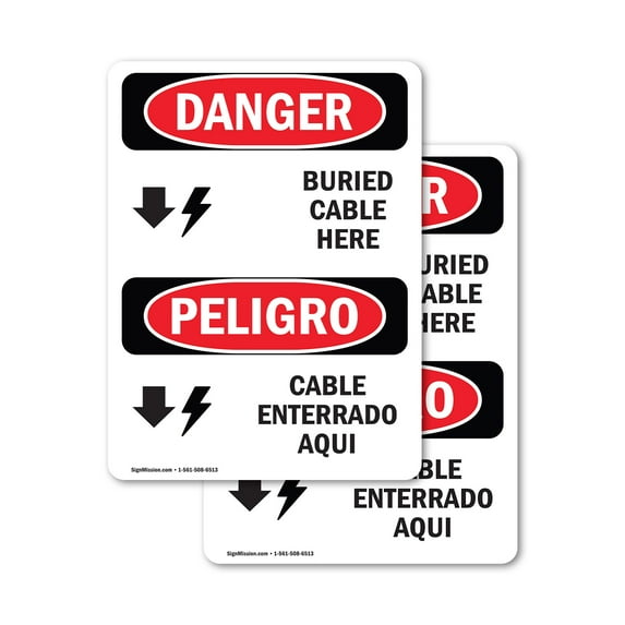 (2 Pack) Cable Buried Here Bilingual OSHA Danger Sign 7 Inch X 10 Inch Vinyl Label Decal Sticker Weather Resistant, UV Protected for Workplace, Business, and Construction Site, Made in