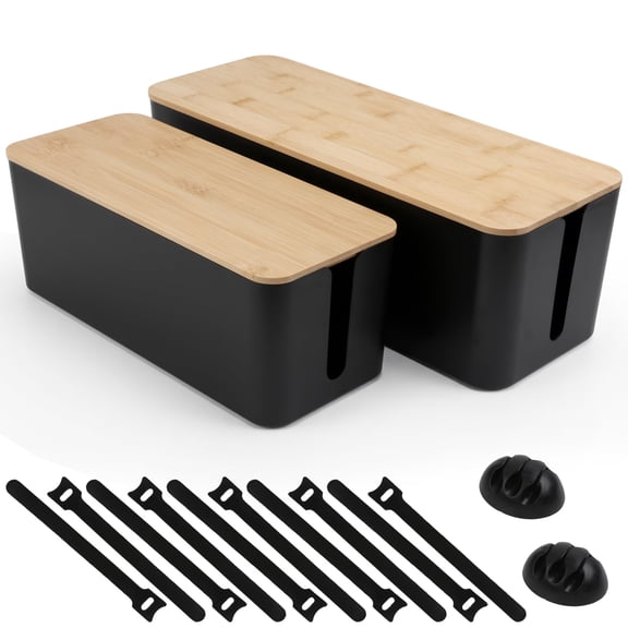 2 Pack Cable Management Box Black Wooden Lid Cord Organizer for TV Wires, Router Hub and Under Desk Power