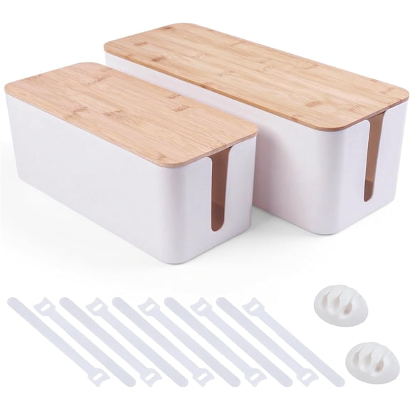 2 Pack Cable Management Box - Cord Organizer Box with Wooden Lid for TV Wires, Power Strips, Router, USB Hub & Under Desk Power: Baby & Pet Proof Cord Management, Cord Hider for Home & Office (White)