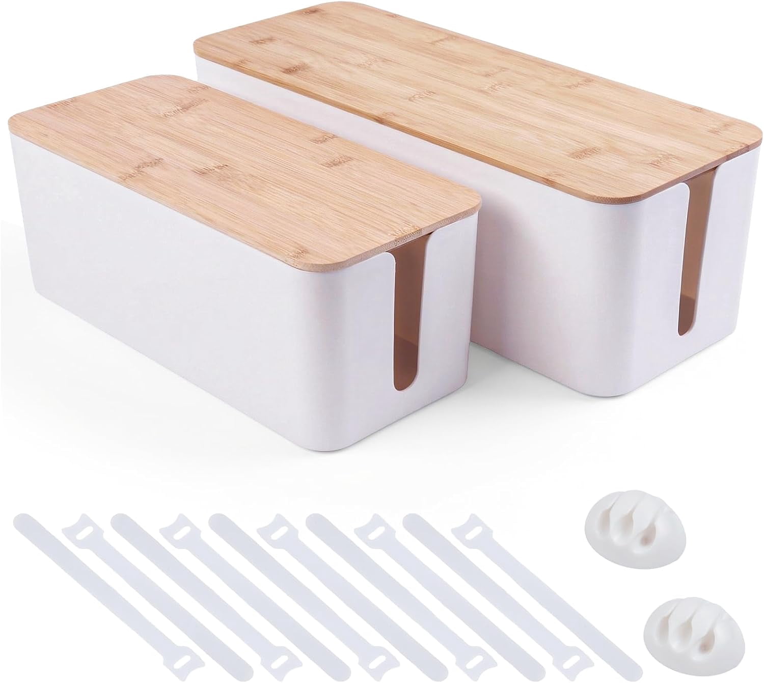 2 Pack Cable Management Box - Cord Organizer Box with Wooden Lid for TV Wires, s, Router, USB Hub & Under Desk Power: Baby & Pet Proof Cord Management, Cord Hider for Home & Office (White)