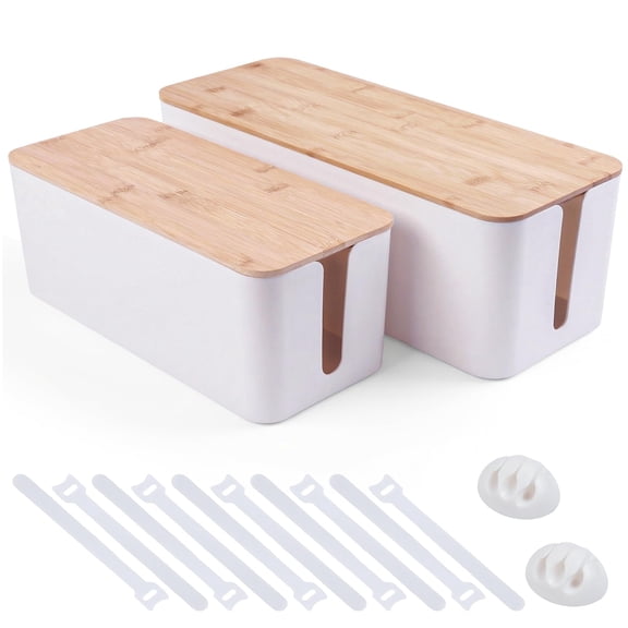 2 Pack Cable Management Box - Cord Organizer With Wooden Lid For Tv Wires S Routerb Hub & Under Desk Power: Pet Proofr Home Office (white)