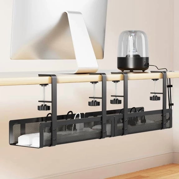 2 Pack Cable Management Under Desk Tray, 27.6" No Drill Open Slots Cable Management Tray, Cord Wire Organizer Box with Clamp for Table Thickness up to 3" - No Desk Damage(Black)