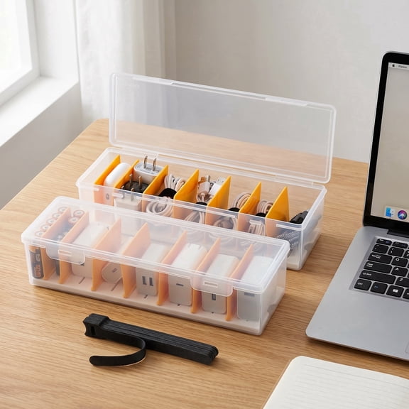 2 Pack Cable Organizer Storage Box with 16 Cable Ties, Clear Phone Charger Organizer Case, Wire Organizers for Cords, Electronic Storage Box for Drawer Desk Office Home