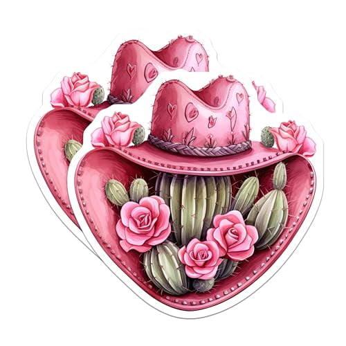 (2 Pack) Cactus Rose Cowboy Hat Magnets - Western Cowgirl Hat Cactus Magnets - Pink Floral Country Hat Magnets - 5" On Longest Side - for Cars, Refrigerators, Toolboxes, Lockers - Made In USA BMCS3385