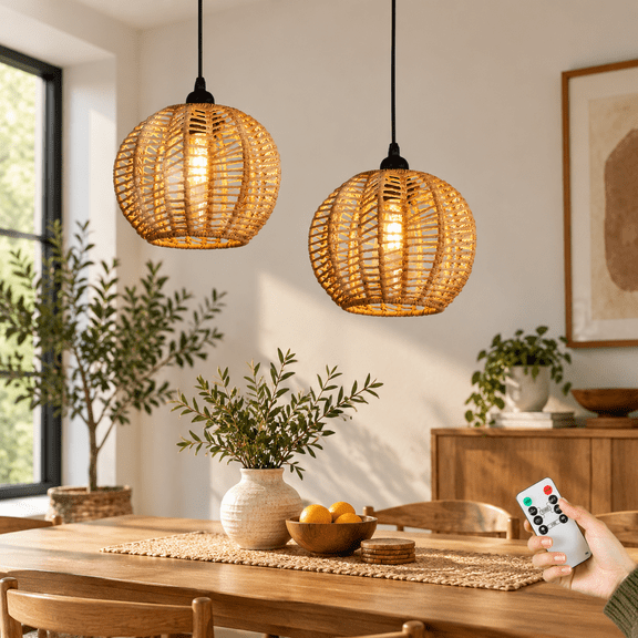 2-Pack Cactus Shape Boho Rattan Outdoor Hanging Pendant Lights