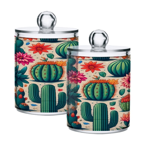 2 Pack Cactus and Desert Flower Qtip Holder Dispenser Clear Plastic Storage Apothecary Jars for Cotton Swabs Balls Pads Floss