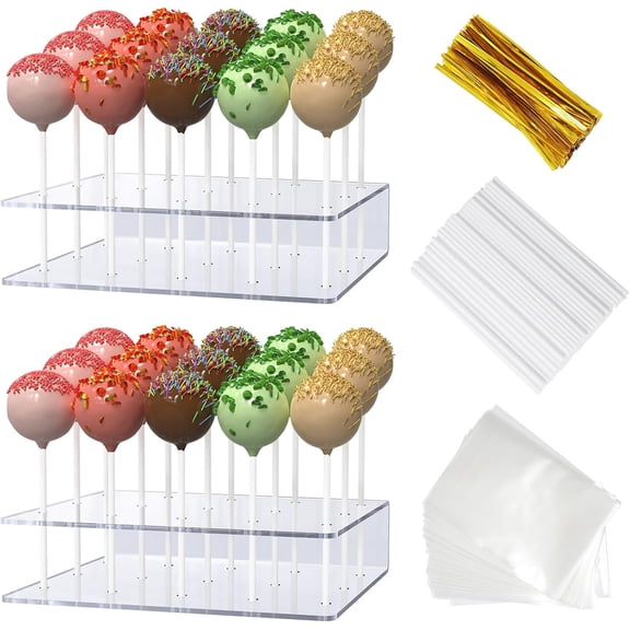 2 Pack Cake Pop Stand with Sticks Kit, Acrylic Lollipop Hold Stand| Clear Cake Pop Display Holder, 15 Holes Candy Pop Holder with 100 Pcs Sticks, 100 Pcs Clear Wrappers, 100 Pcs Gold Twist Ties