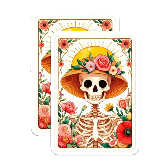 (2 Pack) Calavera Skeleton Stickers - Floral Sunshine - Day of Dead Aesthetic - 5" On Longest Side - Sticks to Smooth Flat Surfaces - Made in USA - BMCS21258