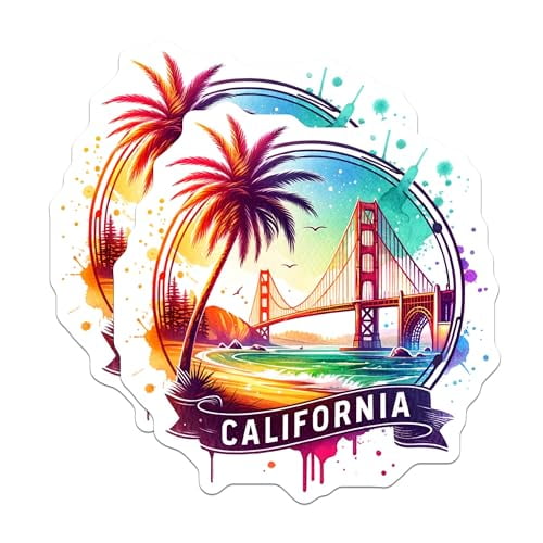 (2 Pack) California State Magnets - Golden Gate Bridge - Colorful Palm Tree Coastal Art - 5" On Longest Side - for Cars, Fridges, Toolboxes - Made in USA - MAG6906