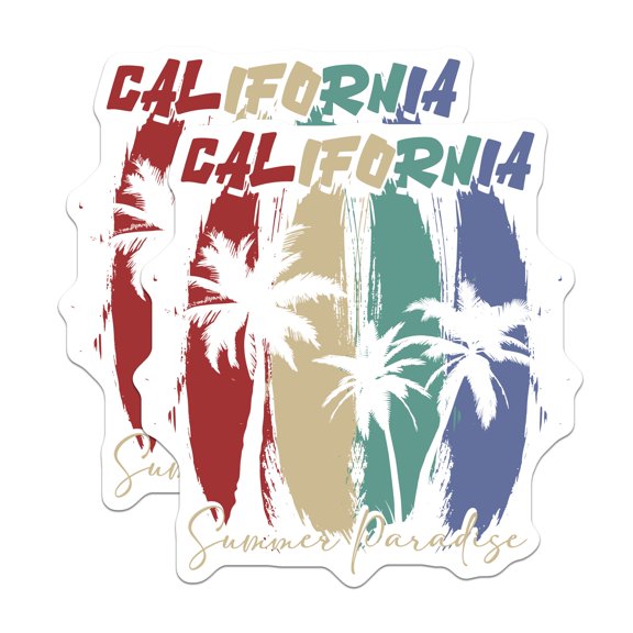 (2 Pack) California Stickers - Summer Paradise Stickers - Retro Palm Tree Stickers - 5" On Longest Side - Sticks to Smooth Flat Surfaces - Made in USA - BMCS17892