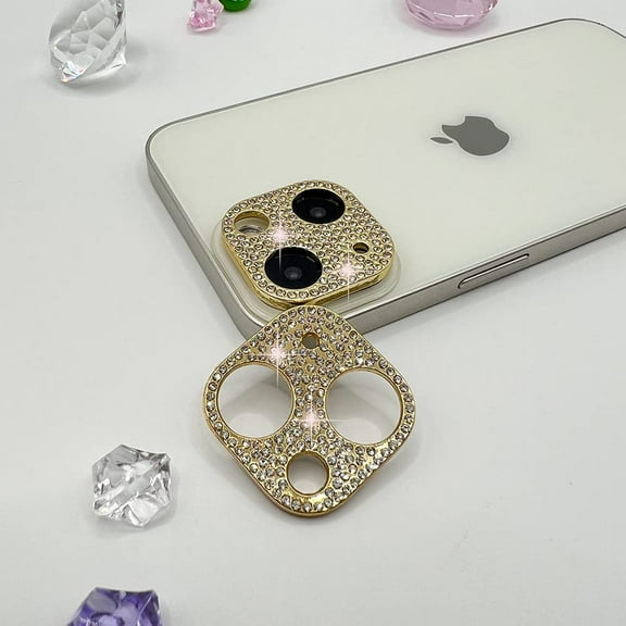 2 Pack Camera Lens Protector Compatible with iPhone 14/iPhone 14 Plus &iPhone 15/15Plus 3D Glitter Bling Diamond Camera Lens Cover Sticker Protector (for iPhone 14 15/iPhone 14 15Plus-Gold)