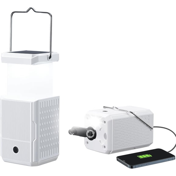 2 Pack Camping Lantern Rechargeable, Hand Crank & Solar Lights with USB Output, Tent for Camping, Portable Camp Lamp, Hurricane Home Power Failure Essentials (White, Pack)