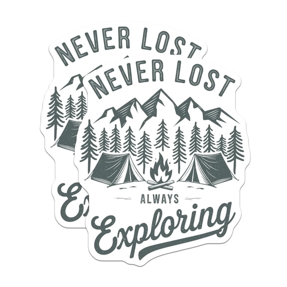 (2 Pack) Camping Stickers - Never Lost Always Exploring - Adventure Decals - 5" On Longest Side - Sticks to Smooth Flat Surfaces - Made in USA - BMCS17268