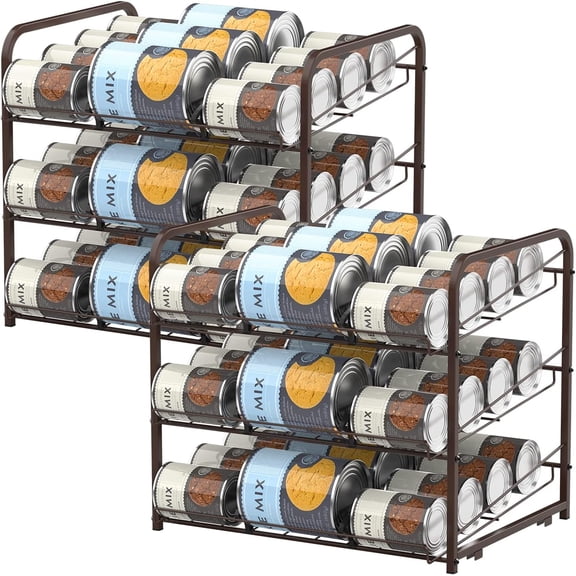 BTY KA Stackable, 72 Can Capacity 3-Tiers Kitchen Pantry Can Dispenser and Organizer Storage Organizer Rack, Brown, 2 Count, 2 Pack