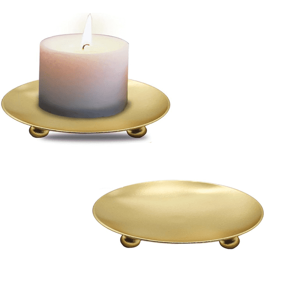 2 Pack Candle Holders for Pillar Candles, Set of 2 Metal Candle Plates Candle Stand for LED or Wax Candles, Decorative Candle Holder Dish for Table Centerpiece, Gold