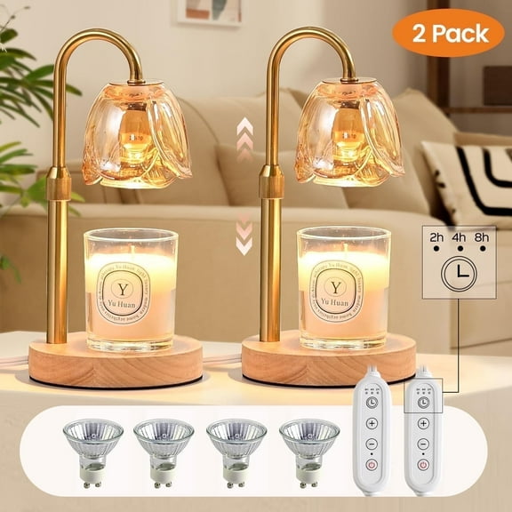 2 Pack Candle Warmer Lamp with Dimmer Timer, Wax Warming Lights with 4 Candle Heating Bulbs, Wood Base Height Adjustable, Wax Melter Lamp for Home Decor