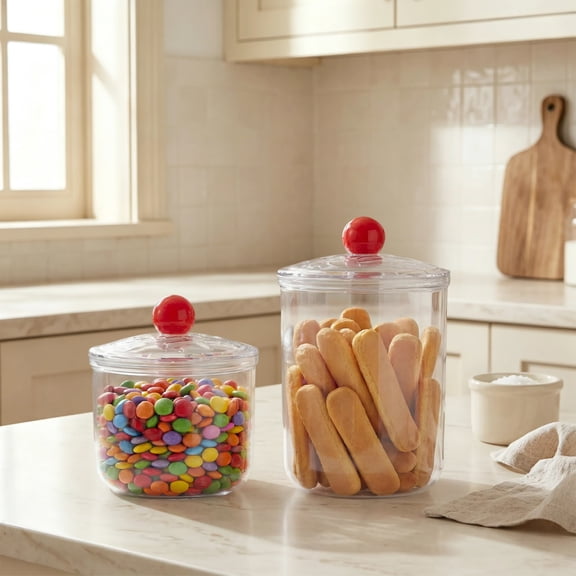 2 Pack Candy Jars with Lids Clear Plastic Cookie Storage Containers Airtight Snacks Canisters Organizer for Kitchen Home Pantry Office Party Sugar Tea Coffee