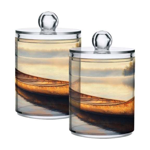 2 Pack Canoe on Calm Lake Qtip Holder Dispenser Clear Plastic Storage Apothecary Jars for Cotton Swabs Balls Pads Floss