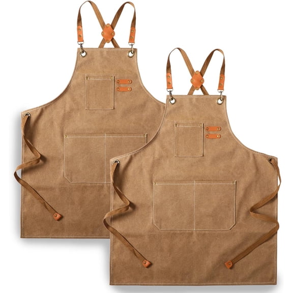 2 Pack Canvas Chef Apron for Men Women with Pockets, Tool Aprons for Cooking Kitchen BBQ Artist