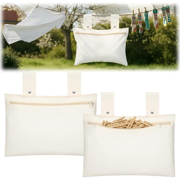 2 Pack Canvas Clothespin Bag 15 x 11 inch Beige Clothes Pin Hanging Bag Hang on Line Zipper Closure and Snap Fastener Heavy Duty Windproof Hanging Laundry Peg Holder for Clothesline Hanger