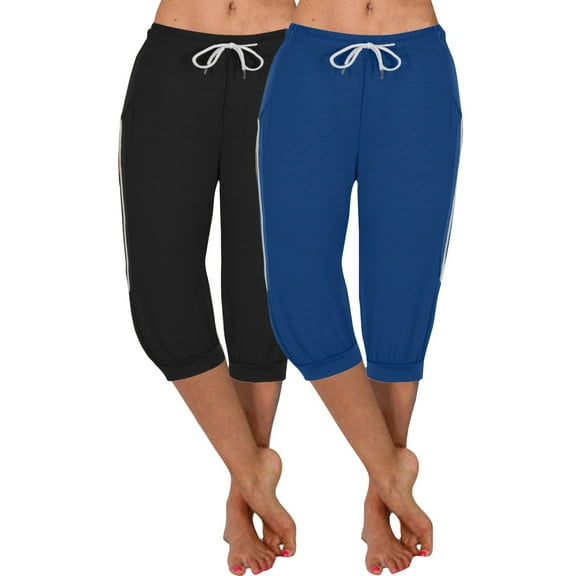 2 Pack Capri Joggers Womens Casual Loose String Elastic Waist Capris Pants with Pockets Side Line Baggy Lounge Workout Trousers, Blue, L