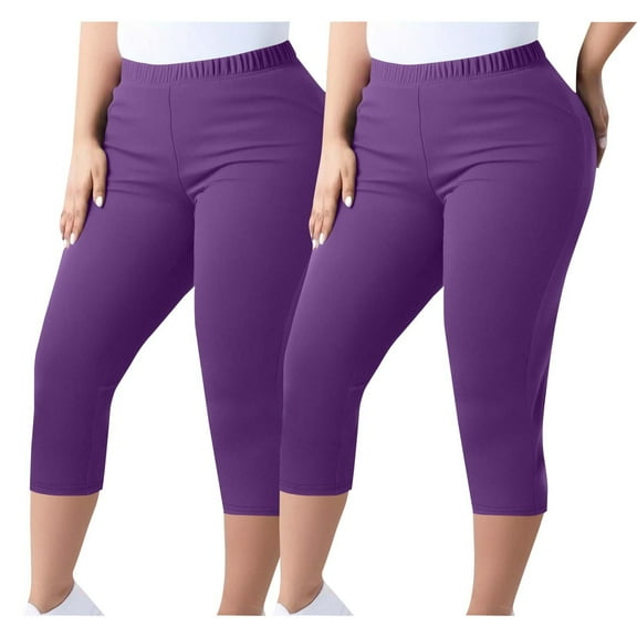 2 Pack Capri Leggings for Women Plus Size Elastic Waist 3/4 Length Casual Yoga Workout Stretch Pull-On Pants, Purple|2PC 4XL