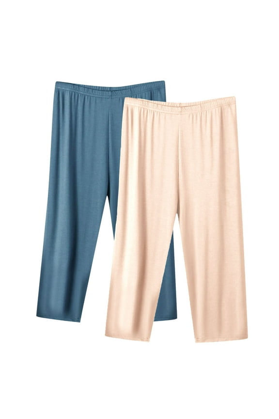 2 Pack Capri Pajama Pants Womens Plus Size Elastic Waist Cotton Capris Cozy Soft Sleep Pjs Bottom, Beige&Green 3XL