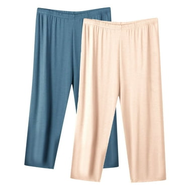 2 Pack Capri Pajama Pants Womens Plus Size Elastic Waist Cotton Capris Cozy Soft Sleep Pjs Bottom, Beige&Green 5XL