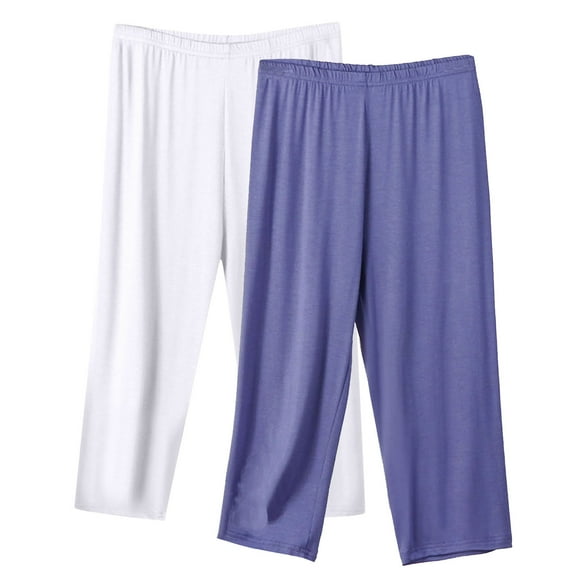 2 Pack Capri Pajama Pants Womens Plus Size Elastic Waist Cotton Capris Cozy Soft Sleep Pjs Bottom, Purple&White 3XL
