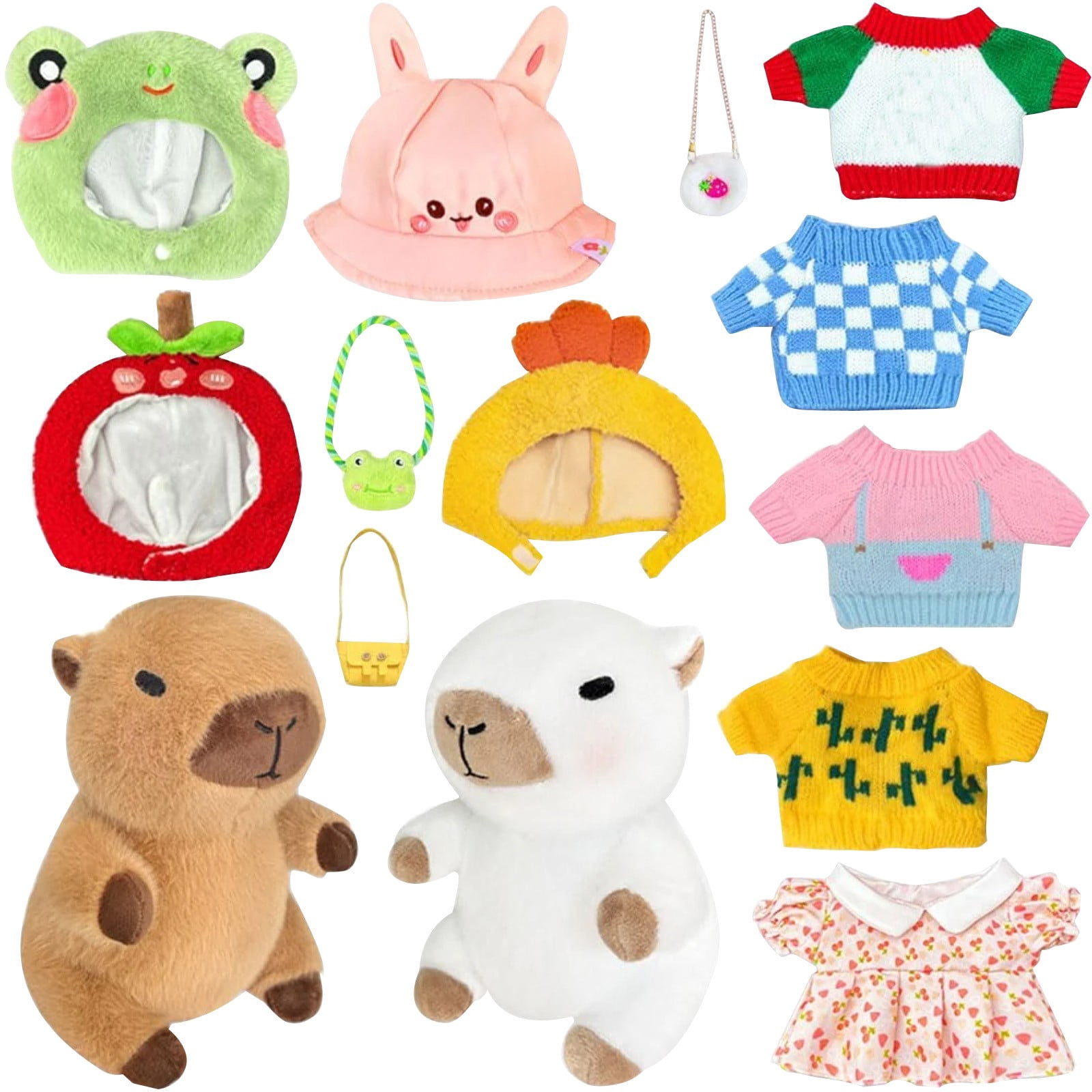 2-Pack Capybara Plush with 9 pcs Clothes & Accessories, 10.2 in Cute Capybara Stuffed Animal Plush Toys, Dress Up Cute Plushies for Girls/Boys (White&Brown)